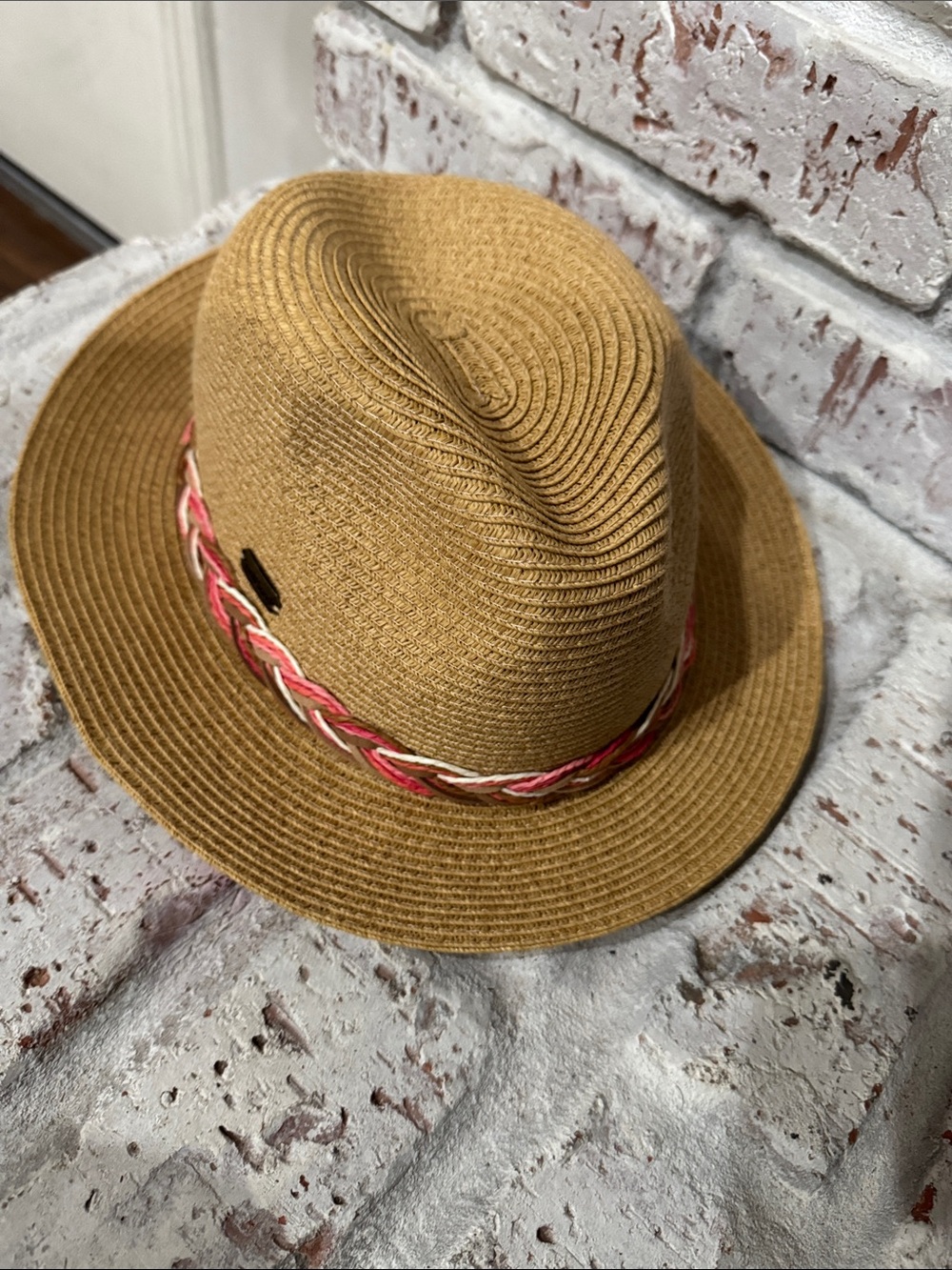 Woven Straw Fedora Hat with Pink Braided Trim